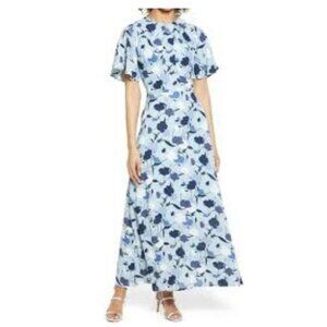 HALOGEN Maxi Dress Sz-XL Blue- Navy/Bloom-Printed Pattern